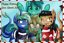 Size: 2039x1378 | Tagged: safe, artist:novaspark, imported from derpibooru, oc, oc only, oc:mocha glaze, oc:morpha, oc:nova spark, oc:sahara, goo, goo pony, lamia, monster pony, original species, tatzlpony, christmas, christmas card, christmas sweater, clothes, holiday, monster mare, species swap, sweater, transformation