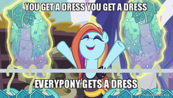 Size: 800x450 | Tagged: safe, artist:xxsolarmoonclipsexx, edit, edited screencap, imported from derpibooru, screencap, sassy saddles, pony, unicorn, canterlot boutique, caption, clothes, dress, female, image macro, impact font, magic, meme, oprah winfrey, princess dress, solo, text