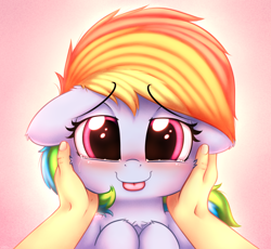 Size: 2500x2300 | Tagged: safe, artist:heavymetalbronyyeah, imported from derpibooru, rainbow dash, human, pony, :p, blushing, bust, cheek fluff, chest fluff, crying, cute, daaaaaaaaaaaw, dashabetes, ear fluff, eyebrows, eyebrows visible through hair, female, floppy ears, heart eyes, high res, hooves to the chest, leg fluff, lidded eyes, looking at you, mare, offscreen character, offscreen human, pink background, portrait, simple background, tears of joy, tongue out, wingding eyes