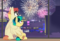 Size: 1493x1019 | Tagged: safe, artist:shinodage, imported from derpibooru, oc, oc only, oc:apogee, oc:jet stream, pegasus, pony, body freckles, christmas, cute, ear freckles, father and daughter, female, filly, fireworks, freckles, holiday, hug, male, sitting, stallion, teenager, winghug, wings