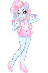 Size: 1999x3001 | Tagged: safe, artist:peachesandcreamated, imported from derpibooru, oc, oc only, oc:lana, equestria girls, bracelet, clothes, female, high heels, jewelry, lipstick, one eye closed, shoes, shorts, simple background, solo, white background, wink