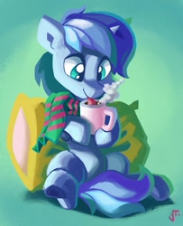 Size: 1280x1576 | Tagged: safe, artist:saxopi, imported from derpibooru, oc, oc only, pony, unicorn, clothes, cup, pillow, scarf, solo, tongue out