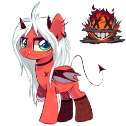 Size: 654x653 | Tagged: safe, artist:peachesandcreamated, imported from derpibooru, oc, oc only, oc:mayniacal, demon, demon pony, monster pony, original species, amputee, choker, clothes, devil horns, fangs, fishnets, monster mare, simple background, solo, stockings, thigh highs, white background