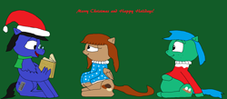 Size: 3064x1336 | Tagged: safe, artist:blazewing, imported from derpibooru, oc, oc only, oc:blazewing, oc:maggie, oc:pecan sandy, pegasus, book, christmas, christmas sweater, chubby, clothes, cute, female, glasses, green background, happy holidays, hat, hearth's warming, holiday, hoof on belly, jewelry, male, mare, necklace, pearl necklace, plump, reading, santa hat, scarf, simple background, sitting, smiling, stallion, sweater, text, wing hands, wings