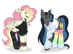 Size: 2732x2048 | Tagged: safe, artist:blacksky1113, artist:snows-undercover, imported from derpibooru, oc, oc only, oc:cheery candy, oc:tough cookie (ice1517), pegasus, pony, unicorn, bracelet, cheerycookie, clothes, clothes swap, ear piercing, earring, eyeshadow, female, hoodie, jewelry, lesbian, makeup, mare, multicolored hair, oc x oc, open mouth, piercing, rainbow hair, rainbow socks, raised hoof, shipping, simple background, socks, striped socks, white background, wristband