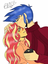 Size: 768x1024 | Tagged: safe, artist:brickercupmasterx3, imported from derpibooru, flash sentry, sunset shimmer, equestria girls, clothes, cute, female, flashimmer, kiss on the head, male, romance, romantic, shipping, smiling, straight, sweater