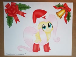 Size: 4032x3024 | Tagged: safe, artist:maximustimaeus, imported from derpibooru, fluttershy, pegasus, pony, bell, bow, christmas, clothes, colored pencil drawing, costume, female, hat, holiday, holly, mare, ribbon, santa costume, santa hat, simple background, smiling, socks, solo, traditional art, white background