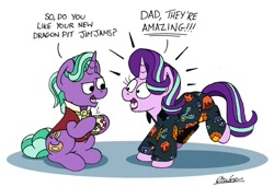 Size: 1024x701 | Tagged: safe, artist:bobthedalek, imported from derpibooru, firelight, starlight glimmer, pony, unicorn, board game, clothes, cute, dragon pit, duo, father and daughter, fathers gonna father, female, firebetes, glim glam's jim jams, glimmerbetes, looking at each other, male, mare, mug, pajamas, smug, stallion