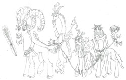 Size: 1024x650 | Tagged: safe, artist:mediocre-grimm, imported from derpibooru, cozy glow, discord, grogar, lord tirek, queen chrysalis, centaur, changeling, draconequus, goat, pegasus, pony, a worse ending for discord, angry, bow, chains, christmas, cloven hooves, collar, crown, discord gonna get it, hair bow, hearth's warming, hearth's warming eve, holiday, horns, jewelry, krampus, legion of doom, manacles, nose piercing, nose ring, piercing, real grogar, regalia, septum piercing, switch, the real grogar