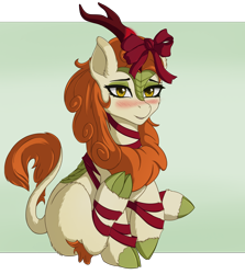 Size: 1428x1600 | Tagged: safe, artist:nathayro37, artist:ravenirik, imported from derpibooru, autumn blaze, kirin, awwtumn blaze, blushing, bow, christmas, cute, female, holiday, lidded eyes, looking at you, mare, present, quadrupedal, ribbon, simple background, sitting, smiling, solo