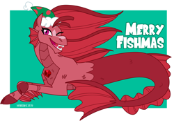 Size: 2000x1423 | Tagged: safe, artist:wubcakeva, imported from derpibooru, oc, oc only, oc:mezma, siren, christmas, cloven hooves, fangs, female, fins, fish tail, gem, hat, holiday, looking at you, one eye closed, open mouth, prone, pun, santa hat, scales, siren gem, slit eyes, slit pupils, smiling, solo, wink