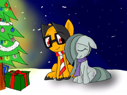 Size: 2048x1536 | Tagged: safe, artist:a.s.e, imported from derpibooru, marble pie, oc, oc:a.s.e, earth pony, pony, canon x oc, christmas, christmas tree, clothes, couple, duo, female, floppy ears, gift wrapped, hair over one eye, happy, holiday, male, night, present, scarf, scarves, smiling, snow, tree