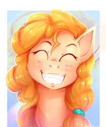 Size: 1250x1500 | Tagged: safe, artist:lostdreamm, imported from derpibooru, pear butter, earth pony, pony, cute, eyes closed, female, grin, pearabetes, smiling, solo, teeth