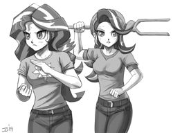 Size: 1400x1076 | Tagged: safe, artist:johnjoseco, imported from derpibooru, starlight glimmer, sunset shimmer, equestria girls, the cutie map, beanie, clothes, duo, fight, fighting stance, hat, monochrome, river city girls, river city ransom, simple background, staff, staff of sameness, white background