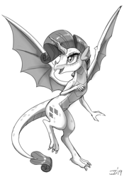 Size: 3875x5539 | Tagged: safe, artist:johnjoseco, imported from derpibooru, rarity, dragon, black and white, cutie mark, cutie mark on dragon, dragonified, female, flying, grayscale, happy, looking up, monochrome, raridragon, simple background, smiling, solo, species swap, white background