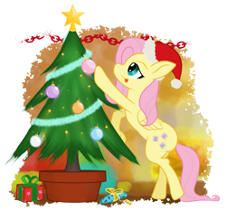 Size: 1649x1528 | Tagged: safe, artist:underwoodart, imported from derpibooru, fluttershy, pegasus, pony, :p, christmas, christmas ball, christmas decoration, christmas tree, decorating, female, folded wings, hat, hearth's warming, holiday, present, profile, santa hat, simple background, solo, tongue out, transparent background, tree, wings