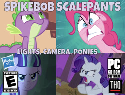 Size: 637x484 | Tagged: safe, edit, edited screencap, editor:undeadponysoldier, imported from derpibooru, screencap, pinkie pie, rarity, spike, starlight glimmer, dragon, earth pony, pony, unicorn, series:spikebob scalepants, dragon quest, owl's well that ends well, pinkie pride, the cutie map, angry, box art, cd-rom, evil, faic, female, lights camera pants, male, mare, one of these things is not like the others, parody, pc, pc logo, s5 starlight, spongebob squarepants, thq, thq logo, video game