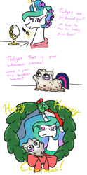 Size: 1007x2038 | Tagged: safe, artist:jargon scott, imported from derpibooru, part of a set, princess celestia, twilight sparkle, alicorn, pony, unicorn, bedsheet ghost, celestia is not amused, christmas, christmas wreath, clothes, comic, costume, dialogue, female, hair curlers, halloween, halloween costume, holiday, magic, makeup, mare, mirror, no pupils, photo, princess celestia is not amused, simple background, telekinesis, twiggie, white background, wreath