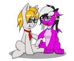 Size: 2024x1678 | Tagged: safe, artist:dianetgx, imported from derpibooru, oc, oc:axle bright, oc:diane tgx, dragon, pony, unicorn, 2020 community collab, derpibooru community collaboration, dragoness, ear piercing, earring, fangs, female, glasses, jewelry, necklace, pearl necklace, piercing, simple background, smiley face, smiling, transparent background