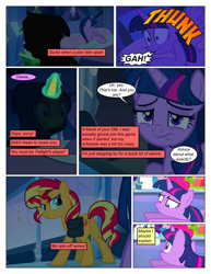 Size: 612x792 | Tagged: safe, artist:greatdinn, artist:newbiespud, edit, edited screencap, imported from derpibooru, screencap, sunset shimmer, twilight sparkle, pony, unicorn, comic:friendship is dragons, cloak, clothes, comic, dialogue, female, glowing horn, horn, magic, mare, onomatopoeia, saddle bag, screencap comic, sleepy, telekinesis, tired, wide eyes