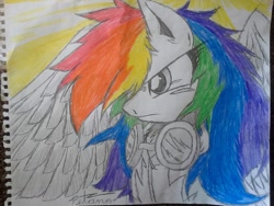 Size: 1280x960 | Tagged: safe, artist:petanoprime, imported from derpibooru, rainbow dash, pegasus, pony, clothes, female, goggles, hair over one eye, irl, mare, partial color, photo, signature, solo, traditional art