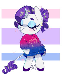 Size: 503x573 | Tagged: safe, artist:peachesandcreamated, imported from derpibooru, rarity, semi-anthro, unicorn, bisexual pride flag, clothes, ear piercing, earring, eyelashes, eyes closed, headcanon, hoof fluff, jewelry, leonine tail, lgbt headcanon, makeup, piercing, pride, pride flag, sexuality headcanon