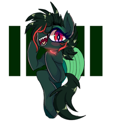 Size: 1614x1755 | Tagged: safe, artist:peachesandcreamated, imported from derpibooru, oc, oc only, oc:hex, earth pony, pony, abstract background, earth pony oc, sharp teeth, solo, teeth