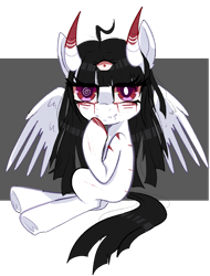 Size: 1107x1453 | Tagged: safe, artist:peachesandcreamated, imported from derpibooru, oc, oc only, pegasus, pony, blood, devil horns, fangs, heterochromia, pegasus oc, simple background, smiling, solo, swirly eyes, third eye, transparent background, wings