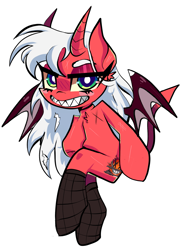 Size: 1611x2103 | Tagged: safe, artist:peachesandcreamated, imported from derpibooru, oc, oc only, oc:mayniacal, demon, demon pony, monster pony, original species, amputee, clothes, devil horns, fangs, fishnets, grin, monster mare, sharp teeth, simple background, sitting, smiling, socks, solo, stockings, teeth, thigh highs, white background