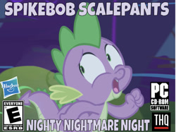Size: 643x480 | Tagged: safe, edit, edited screencap, editor:undeadponysoldier, imported from derpibooru, screencap, spike, dragon, series:spikebob scalepants, boast busters, box art, cd-rom, game rating, hasbro, hasbro logo, male, mighty nightmare, nighty nightmare, parody, pc game, pc logo, rated e, running, scared, solo, spongebob squarepants, thq, thq logo, video game