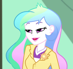 Size: 1147x1080 | Tagged: safe, imported from derpibooru, screencap, princess celestia, eqg summertime shorts, equestria girls, subs rock, brooch, canterlot high, classroom, cropped, cutie mark accessory, cutie mark brooch, female, great moments in animation, jewelry, lidded eyes, open mouth, principal celestia, solo