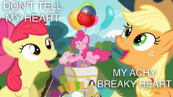 Size: 750x422 | Tagged: safe, edit, edited screencap, imported from derpibooru, screencap, apple bloom, applejack, pinkie pie, pinkie apple pie, achy breaky heart, apples to the core, billy ray cyrus, caption, song in the comments, song reference