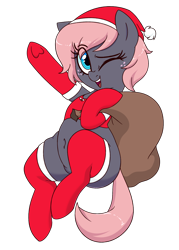 Size: 1500x2100 | Tagged: safe, artist:notenoughapples, imported from derpibooru, oc, oc only, oc:vedalia rose, earth pony, pony, christmas, clothes, hat, holiday, leggings, one eye closed, santa hat, simple background, smiling, solo, stockings, thigh highs, transparent background, underhoof, wink