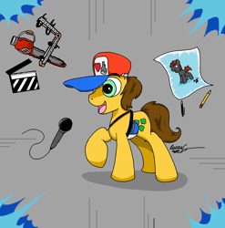 Size: 1288x1304 | Tagged: safe, artist:lucas_gaxiola, imported from derpibooru, oc, oc only, oc:charmed clover, pony, chainsaw, drawing, hat, male, microphone, open mouth, pencil, raised hoof, signature, smiling, solo, stallion