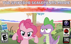 Size: 642x392 | Tagged: safe, artist:dipi11, artist:nethear, edit, edited screencap, editor:undeadponysoldier, imported from derpibooru, screencap, pinkie pie, spike, dragon, earth pony, pony, series:spikebob scalepants, lesson zero, angry, atomic rainboom, badass, box art, cool guys don't look at explosions, duo, explosion, female, gamecube, gamecube logo, hasbro, hasbro logo, heavy iron studios, heavy iron studios logo, male, mare, nuclear explosion, rainbow explosion, rated e, serious, serious face, spongebob squarepants, the spongebob squarepants movie, the spongebob squarepants movie video game, thq, thq logo