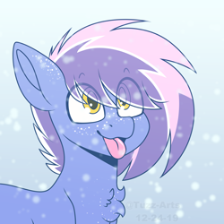 Size: 5000x5000 | Tagged: safe, artist:tuzz-arts, imported from derpibooru, oc, oc only, oc:berry frost, earth pony, pony, chest fluff, chest freckles, freckles, snow, snowfall, solo, tongue out