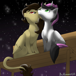 Size: 2000x2000 | Tagged: safe, artist:dreamyartcosplay, imported from derpibooru, oc, oc only, alicorn, pegasus, pony, alicorn oc, bench, female, horn, leonine tail, male, mare, night, oc x oc, pegasus oc, shipping, signature, sitting, stallion, stars, wings