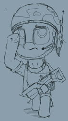 Size: 466x819 | Tagged: safe, artist:geljado, imported from derpibooru, oc, oc only, oc:broken symmetry, pony, floppy ears, gun, helmet, monochrome, salute, simple background, sketch, sketch dump, solo, weapon