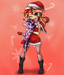 Size: 855x1000 | Tagged: safe, artist:the-park, imported from derpibooru, sunset shimmer, twilight sparkle, alicorn, human, pony, equestria girls, christmas, clothes, dress, duo, female, hat, holding a pony, holiday, santa hat, simple background, socks, thigh highs, twilight sparkle (alicorn)