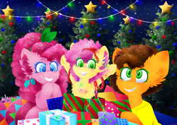 Size: 2533x1791 | Tagged: safe, artist:vanillaswirl6, imported from derpibooru, cheese sandwich, li'l cheese, pinkie pie, earth pony, pony, the last problem, cheesepie, christmas, christmas 2019, christmas lights, christmas tree, daughter, father, female, fluffy, holiday, jewelry, male, mother, pendant, pony present, present, ribbon, shipping, straight, tree, trio