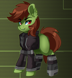 Size: 1867x2000 | Tagged: safe, artist:ciderpunk, derpibooru exclusive, imported from derpibooru, oc, oc only, oc:emerald spark, earth pony, pony, abstract background, commission, ear fluff, green background, looking at you, male, simple background, stallion