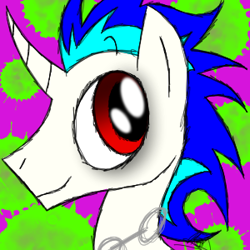 Size: 300x300 | Tagged: safe, artist:didun850, imported from derpibooru, oc, oc only, oc:quake plosion, pony, unicorn, bust, chains, curved horn, eyeliner, horn, makeup, male, smiling, solo, stallion, unicorn oc, virus