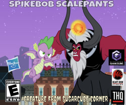 Size: 602x506 | Tagged: safe, artist:cheezedoodle96, artist:punzil504, edit, editor:undeadponysoldier, imported from derpibooru, lord tirek, spike, centaur, dragon, series:spikebob scalepants, angry, box art, city, creature from the krusty krab, flying, gamecube, gamecube logo, hasbro, hasbro logo, implied sugarcube corner, macro, magic, male, manehattan, parody, rampage, rated e, spongebob squarepants, thq, thq logo, video game, winged spike, wings