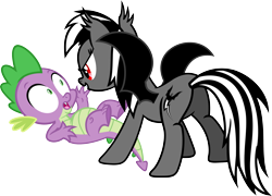 Size: 3541x2554 | Tagged: safe, artist:porygon2z, imported from derpibooru, rainbow dash, spike, oc, oc:darkdash, dragon, pegasus, pony, butt, duo, evil grin, female, grin, male, open mouth, plot, rainbowspike, shipping, shocked, simple background, smiling, straight, transparent background, vector