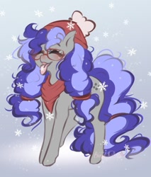 Size: 580x680 | Tagged: source needed, safe, artist:bunnywhiskerz, imported from derpibooru, oc, oc only, oc:cinnabyte, earth pony, pony, adorkable, bandana, beanie, blushing, cinnabetes, cute, dork, earth pony oc, eyes closed, female, happy, hat, mare, pigtails, snow, snowfall, snowflake, solo, tongue out