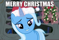 Size: 731x500 | Tagged: safe, imported from derpibooru, trixie, pony, unicorn, caption, christmas, female, glowing horn, golden oaks library, hat, holiday, horn, image macro, magic, santa hat, solo, telekinesis, text