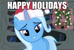 Size: 731x500 | Tagged: safe, imported from derpibooru, trixie, pony, bedroom eyes, caption, christmas, female, golden oaks library, hat, holiday, image macro, santa hat, smiling, solo, text