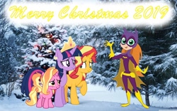 Size: 1024x640 | Tagged: safe, artist:cartoonmasterv3, imported from derpibooru, luster dawn, sunset shimmer, twilight sparkle, alicorn, pony, unicorn, batgirl, christmas, crossover, dc superhero girls, forest, holiday, snow, tree, twilight sparkle (alicorn)