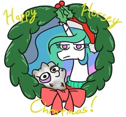 Size: 952x883 | Tagged: safe, artist:jargon scott, imported from derpibooru, part of a set, princess celestia, twilight sparkle, alicorn, pony, unicorn, bedsheet ghost, celestia is not amused, christmas, christmas wreath, clothes, costume, female, holiday, holly, mare, photo, princess celestia is not amused, simple background, twiggie, white background, wreath