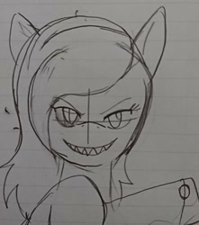 Size: 1080x1222 | Tagged: safe, artist:omegapony16, imported from derpibooru, oc, oc only, oc:oriponi, bat pony, pony, bat pony oc, bust, female, grin, lineart, lined paper, mare, sharp teeth, smiling, solo, teeth, traditional art